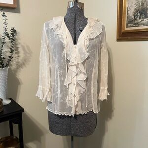Vtg Romantic Cream Floral Embroidered Ruffle Front Silk Top Boho Fairycore 10